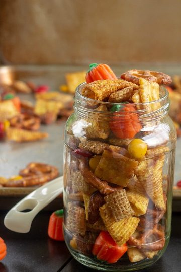 Halloween Spicy Sweet  Snack Mix is an easy to make crunchy treat the entire family will love! Great for parties and bagged treats too!