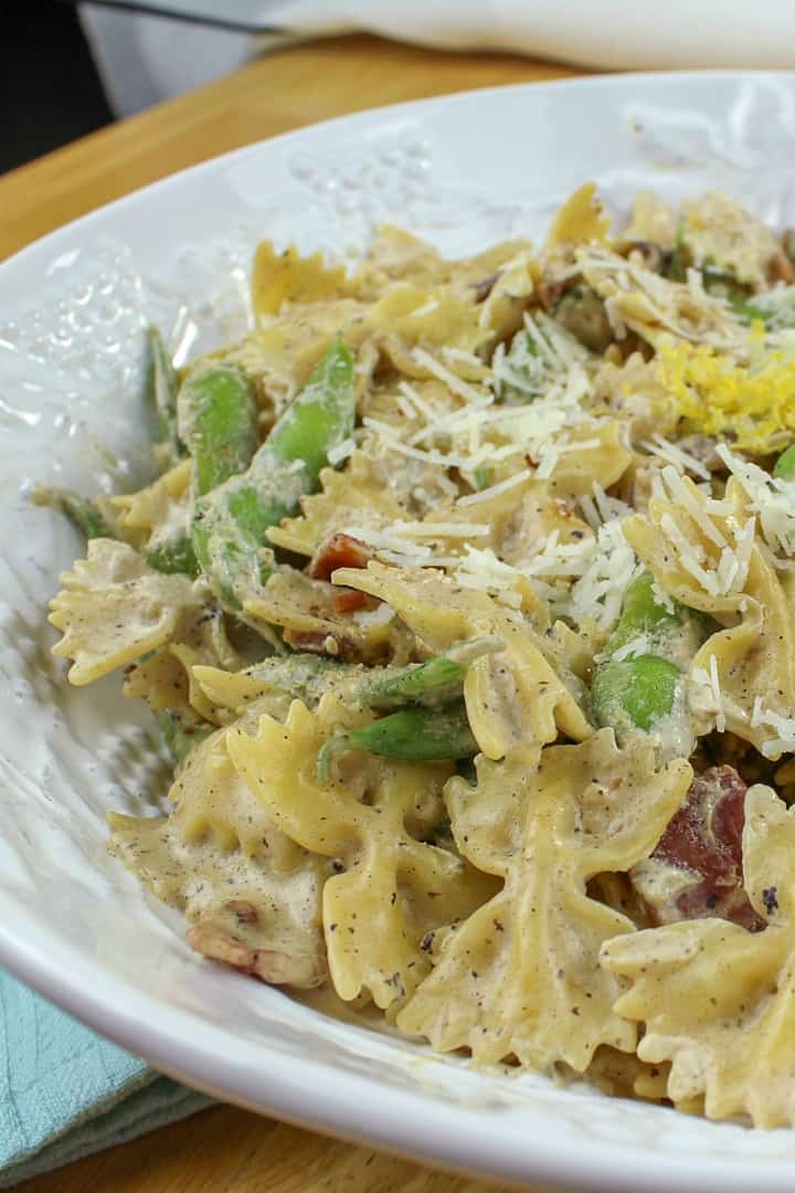 Try quick and easy Creamy Edamame Bacon Bowtie Pasta that's ready in under 30 minutes. Cream cheese makes this sauce extra thick and tasty!