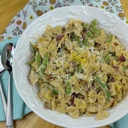 Try quick and easy Creamy Edamame Bacon Bowtie Pasta that's ready in under 30 minutes. Cream cheese makes this sauce extra thick and tasty!