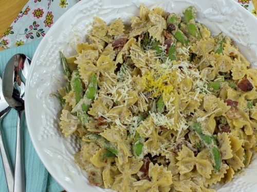 Try quick and easy Creamy Edamame Bacon Bowtie Pasta that's ready in under 30 minutes. Cream cheese makes this sauce extra thick and tasty!
