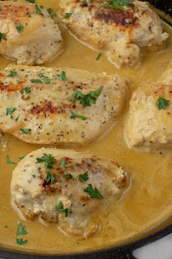 Make this Creamy French Mustard Chicken - juicy sauteed chicken breasts with an easy, tangy sauce made with two kinds of mustard and real cream! Great on pork and seafood too!