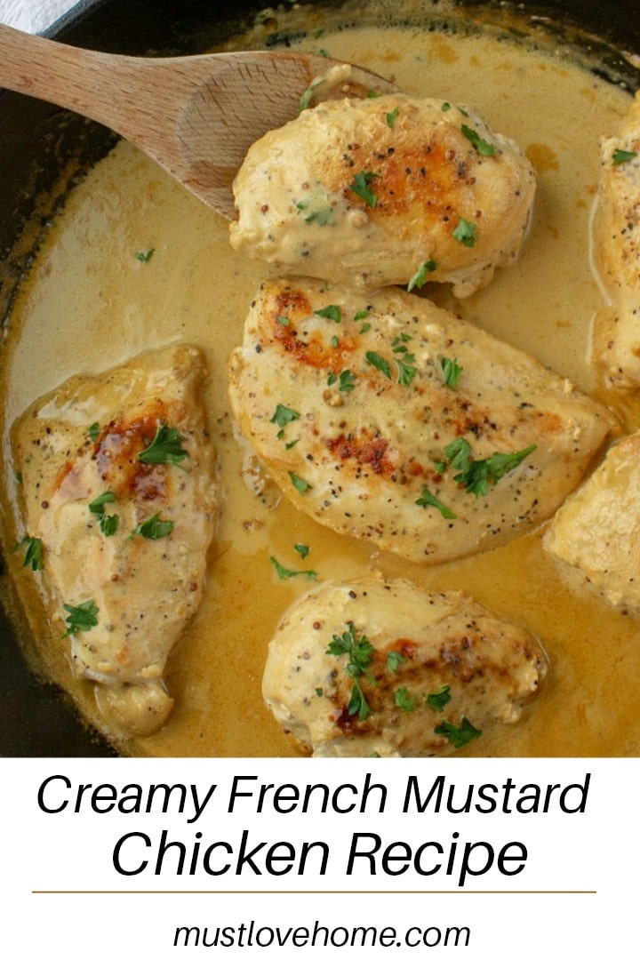 Make this Creamy French Mustard Chicken - juicy sauteed chicken breasts with an easy, tangy sauce made with two kinds of mustard and real cream! Great on pork and seafood too!#chickenrecipes #easychickenrecipes #chickendinnerrecipes #chicken #mustardsauce