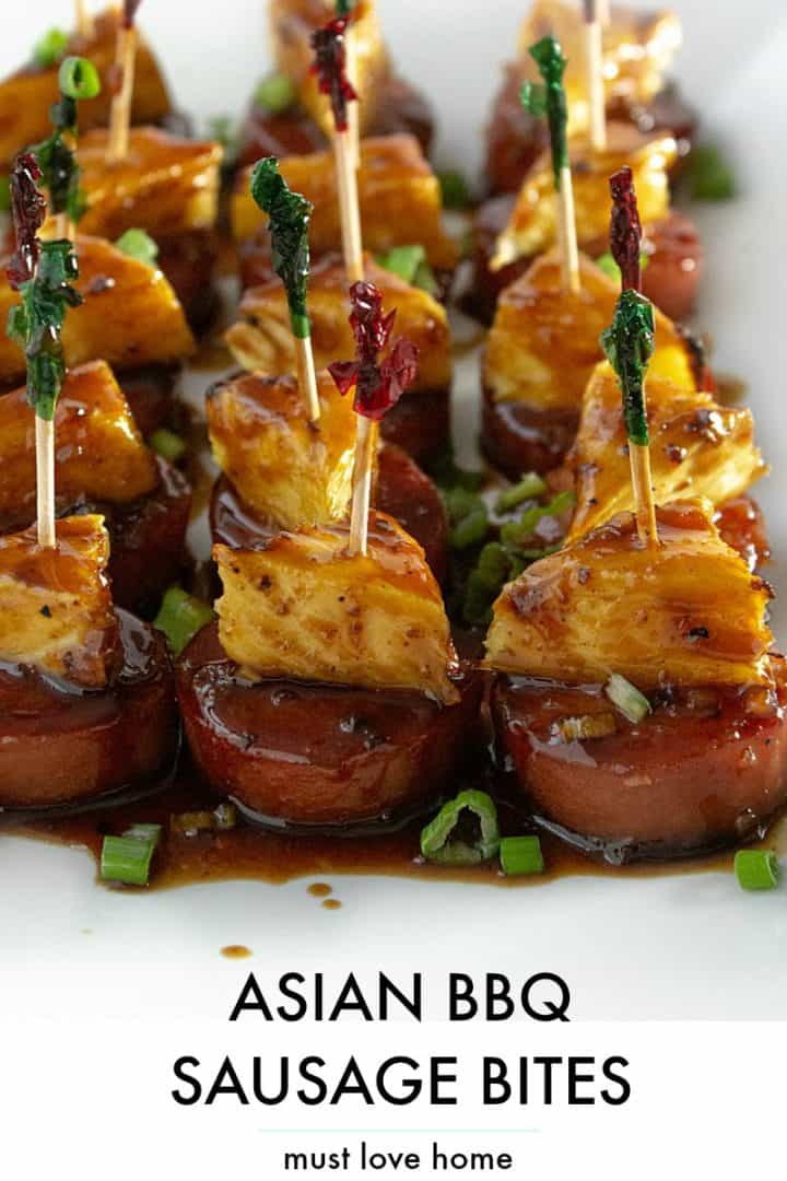 You will love these delicious, saucy Asian Barbecue Sausage Bite recipe made with chunks of fresh pineapple! They're so flavorful and perfect for game day or as an appetizer for your special events! #appetizerrecipes #asianappetizerrecipes #mustlovehomecooking #gamedayrecipes #smokedsausagerecipes