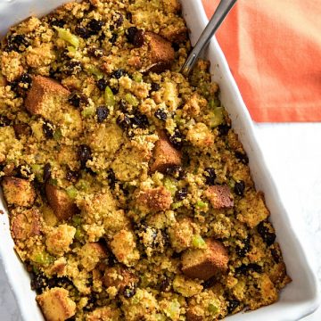 Southern Cornbread Stuffing (aka Dressing) made with vegetables, spices and plump raisins is from a favorite West Virginia family recipe.