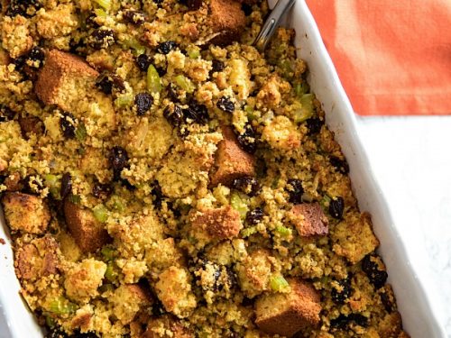Southern Cornbread Stuffing (aka Dressing) made with vegetables, spices and plump raisins is from a favorite West Virginia family recipe.