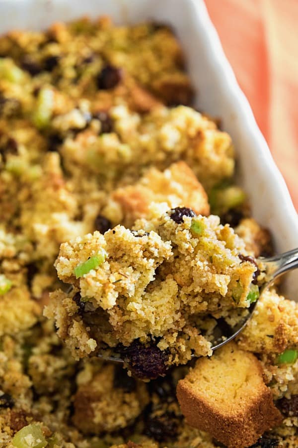 Southern Cornbread Stuffing (aka Dressing) made with vegetables, spices and plump raisins is from a favorite West Virginia family recipe.