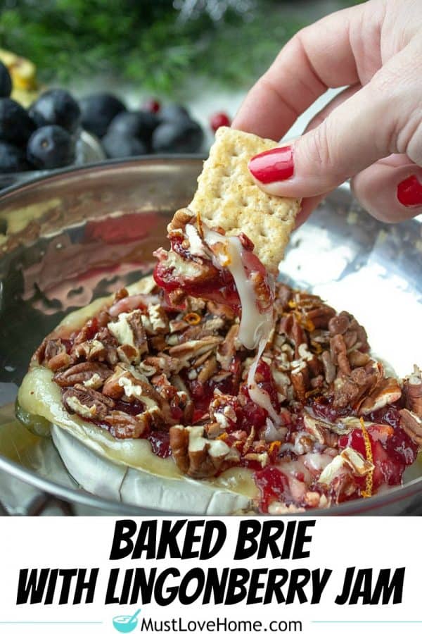 Easy made-in-the-oven cheese spread appetizer with brie cheese and lingonberry jam that tastes just like cranberries.