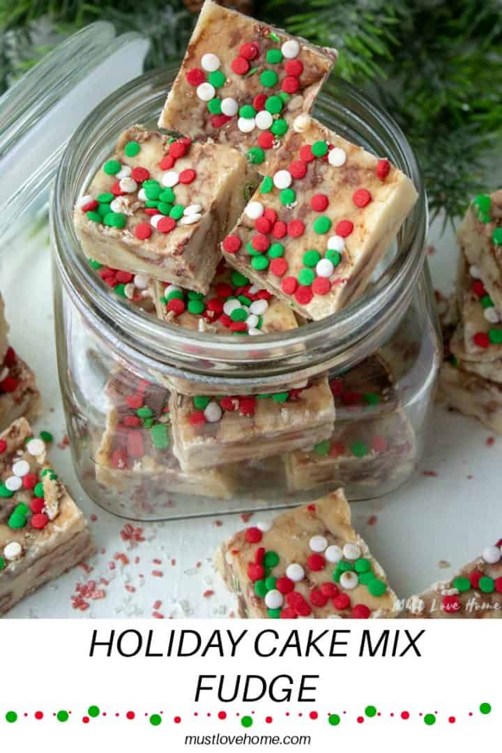 A sweet Holiday Cake Mix Fudge made with white cake mix and marbled with chocolate candies! A great cookie alternative that is perfect for gift-giving!