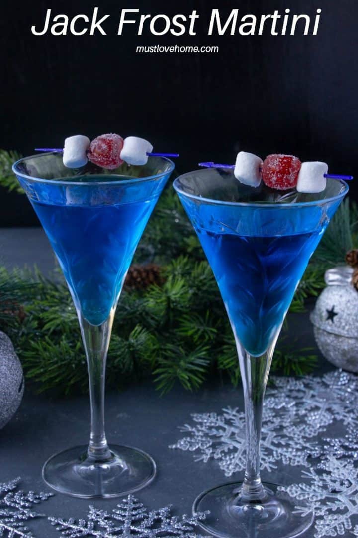 This gorgeous Jack Frost Martini is an excellent addition to any holiday party. It's a classic martini with a chilly blue curacao twist!