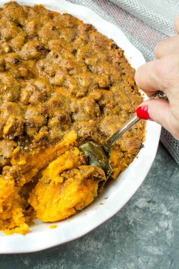 Whipped Sweet Potato Pecan Casserole - crunchy pecan topped sweet potatoes made deliciously light by sweetening with bananas.