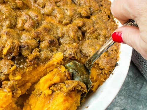 Whipped Sweet Potato Pecan Casserole - crunchy pecan topped sweet potatoes made deliciously light by sweetening with bananas.