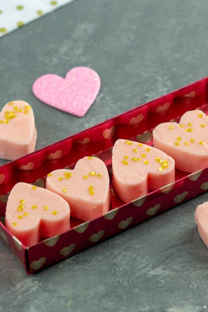 Valentine Glam White Chocolate Fudge in a red heart box for gift giving