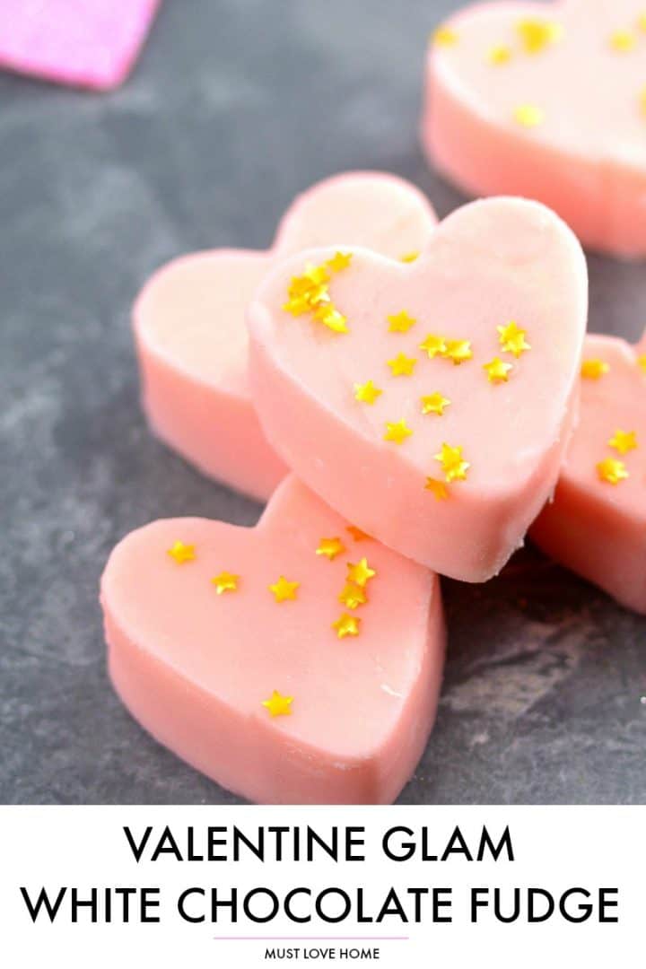 Easy, creamy, melt in your mouth white chocolate fudge glammed up with edible gold stars for your bling loving Valentine!