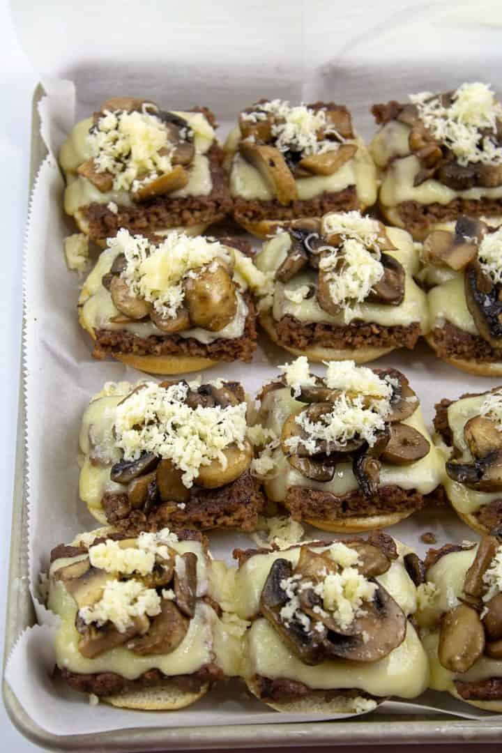 Swiss Mushroom Burfer sliders on a sheet pan without top bun