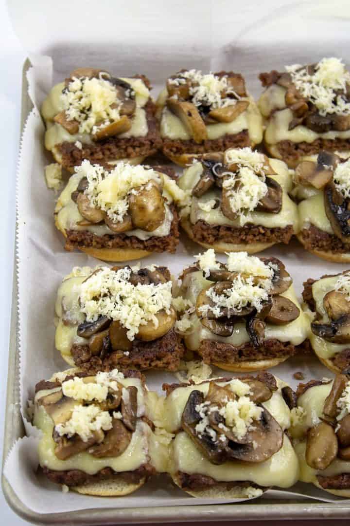 Swiss Mushroom Burfer sliders on a sheet pan without top bun