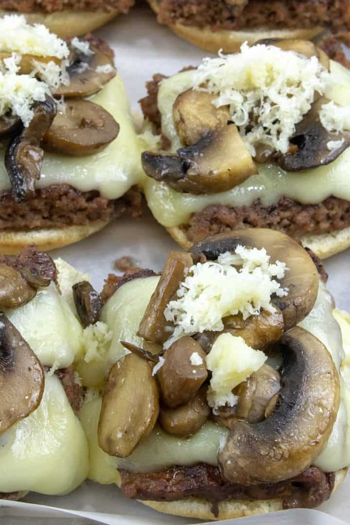 Swiss Mushroom Burger Sliders with melted cheese
