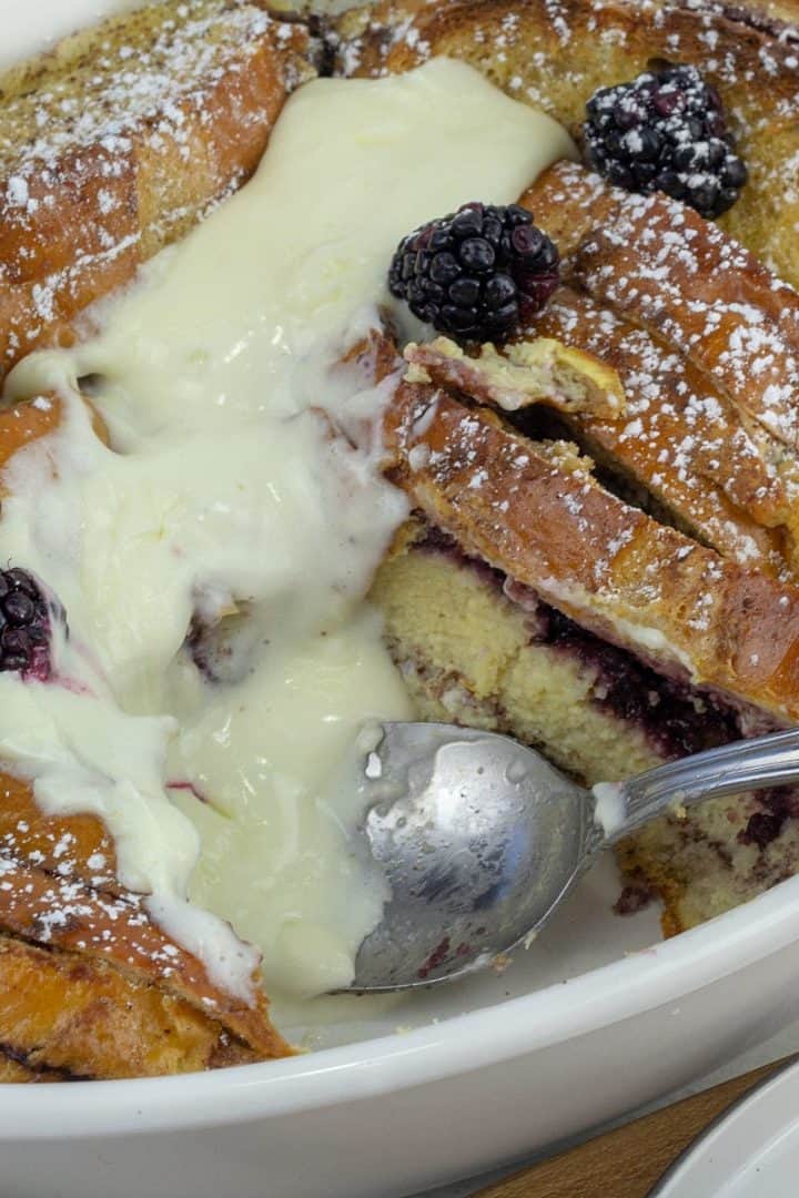 Whipped cream cheese melting over baked french toast