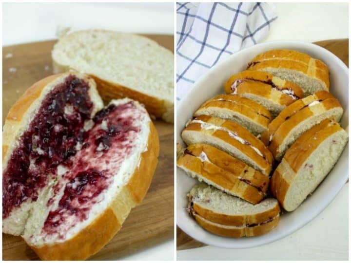 Bread spread with blackberry jam and cream cheese packed in white oval dish