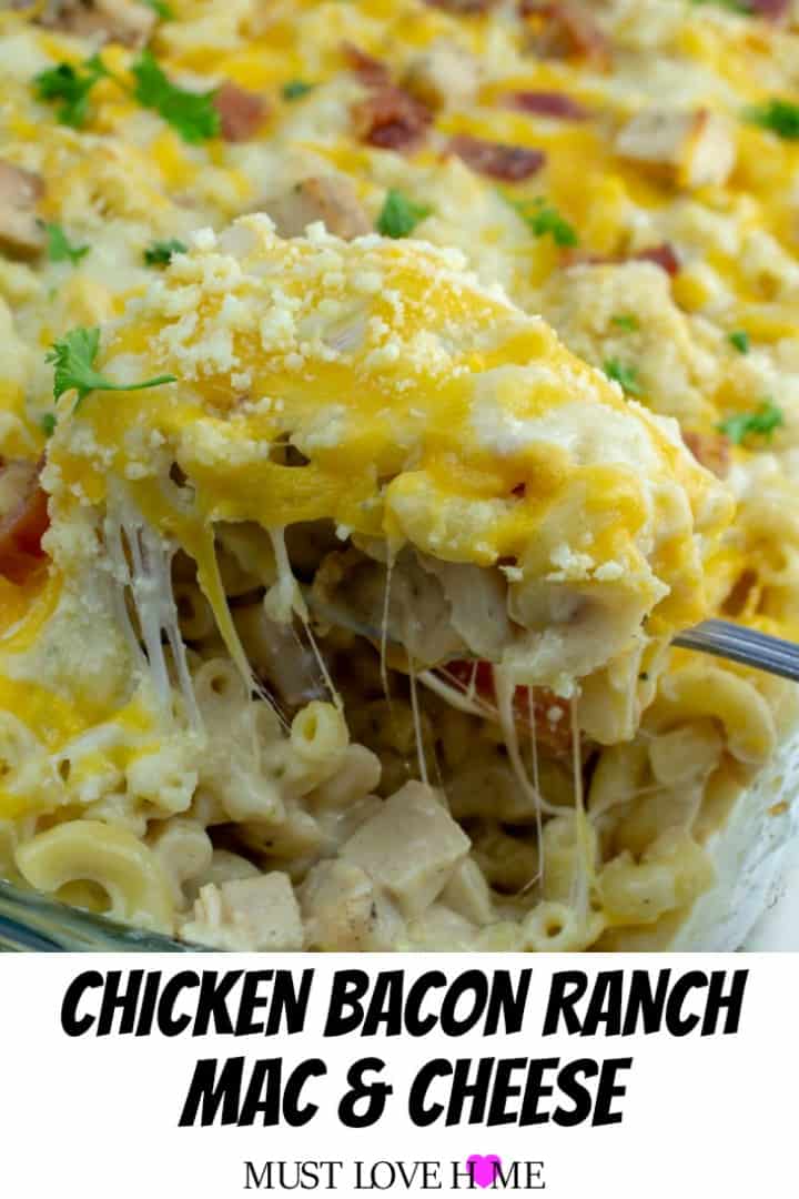 Baked Mac and Cheese gets a simple comfort food twist by adding chicken, crispy bacon and ranch seasoning!