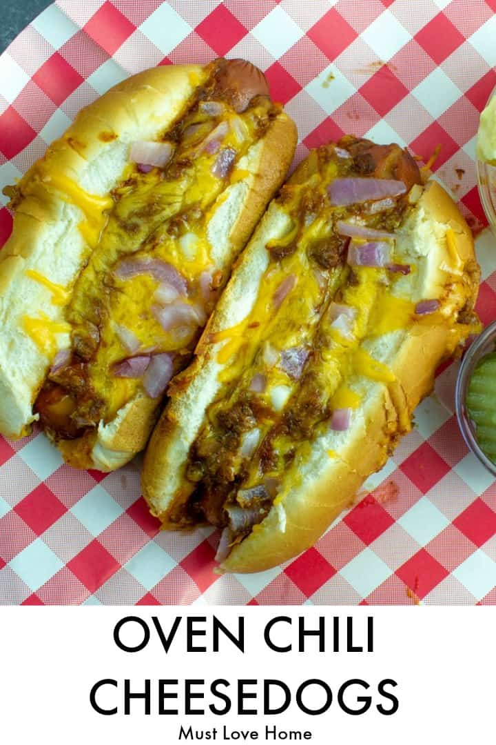 Oven Baked Cheese Dogs are great for dinner, game day parties or anytime. Quick and simple, these oven dogs are made right in the pan - with melted cheese, hot chili and a toasty bun. You will love this easy recipe! 