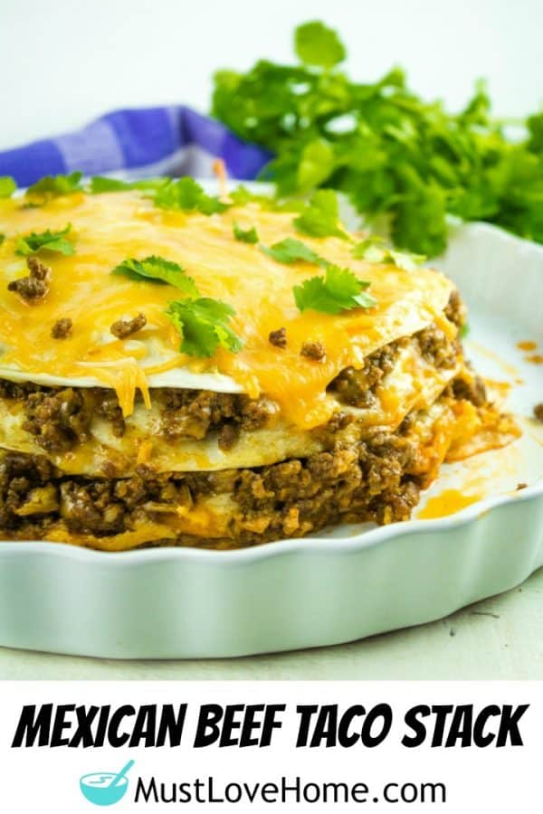 Mexican Beef Taco Stack -Stacks of tortillas piled high with seasoned ground beef and melting cheese makes an easy dinner the whole family will love! 
