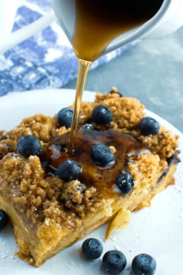 Prep this blueberry streusel french toast casserole the night before for an easy, next-day breakfast or brunch dish!