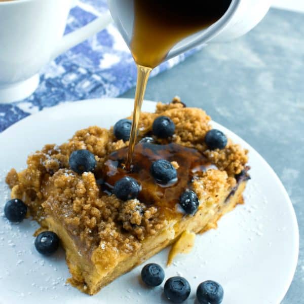 Prep this blueberry streusel french toast casserole the night before for an easy, next-day breakfast or brunch dish! 