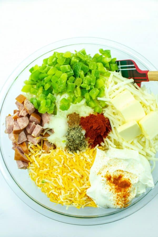 Ingredients for casserole in glass bowl