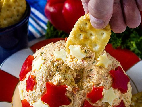 Easy Patriotic Ranch Cheese Ball is a quick appetizer decorated for your summer celebrations! Makes enough for a crowd! #mustlovehomecooking