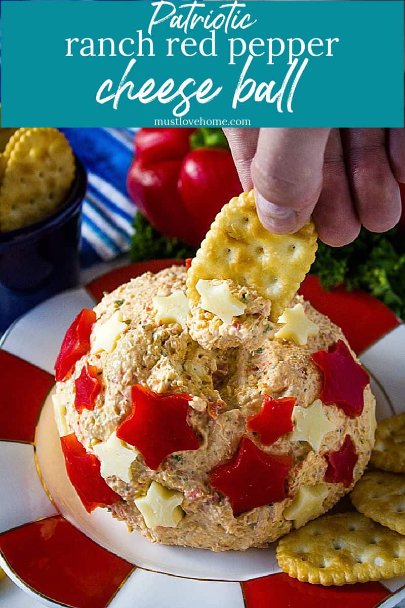 Easy Patriotic Ranch Cheese Ball is a quick appetizer decorated for your summer celebrations! Makes enough for a crowd! #mustlovehomecooking