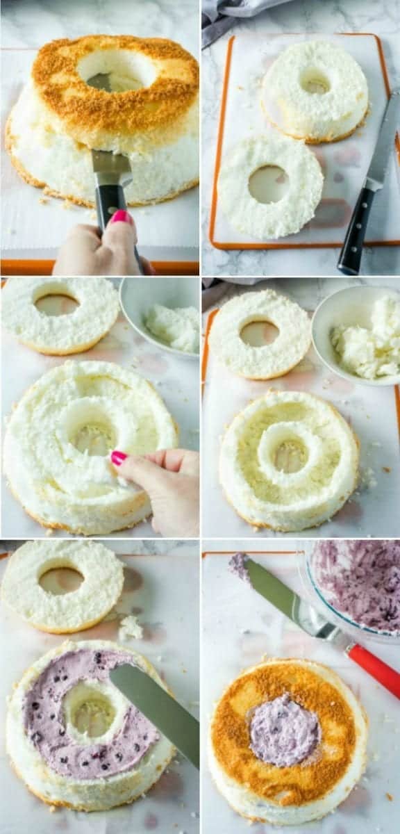 Stages of creating stuffed angel food cake