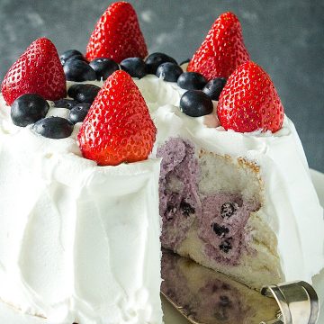 Whipped topping, blueberry pie filling and a store-bought angel food cake make this a quick and easy summer dessert. Great for Red, White and Blue celebrations! #mustlovehomecooking