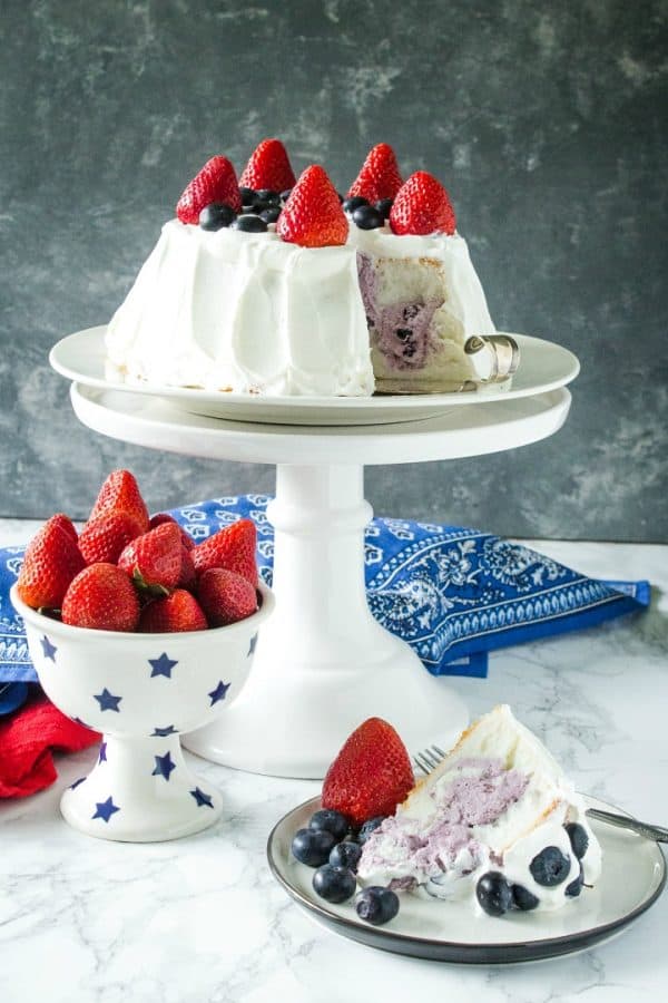 Whipped topping, blueberry pie filling and a store-bought angel food cake make this a quick and easy summer dessert.