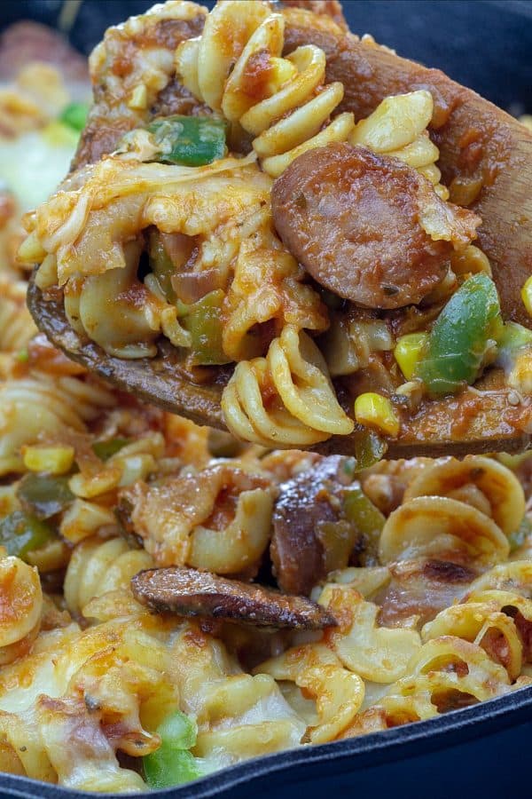 Smoked Sausage Italian Pasta Skillet, with corn, green bell peppers and tasty red sauce that's an easy, 30 minute family dinner.
