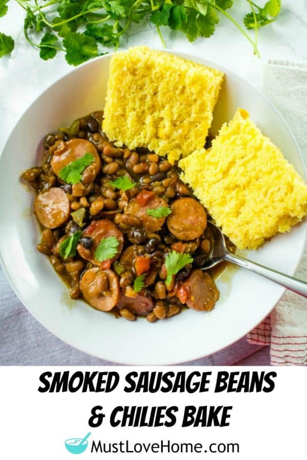 Smoked sausage, canned baked and black beans, tomatoes with green chilies and green bell pepper make an easy weeknight dinner with a sweet and spicy sauce.