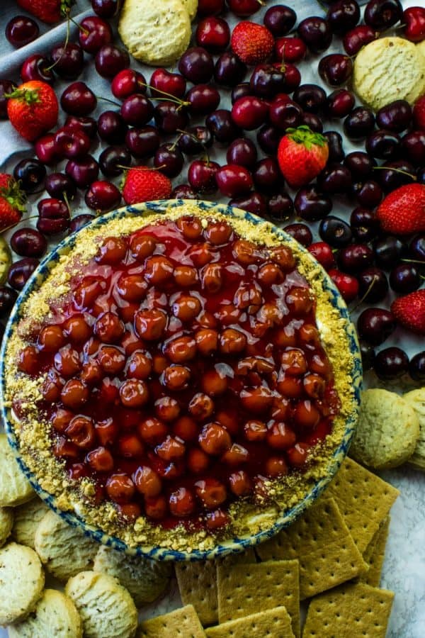 Cherry Cheesecake Yogurt Dip - Greek yogurt, cream cheese and cherry pie filling combine to make this easy party dessert that everyone loves!