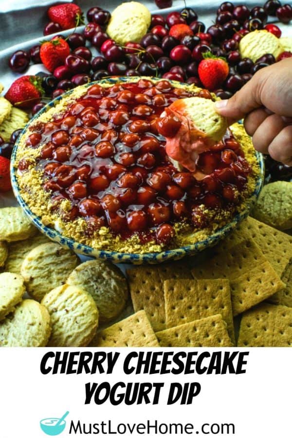 Cherry Cheesecake Yogurt Dip - Greek yogurt, cream cheese and cherry pie filling combine to make this easy party dessert that everyone loves!