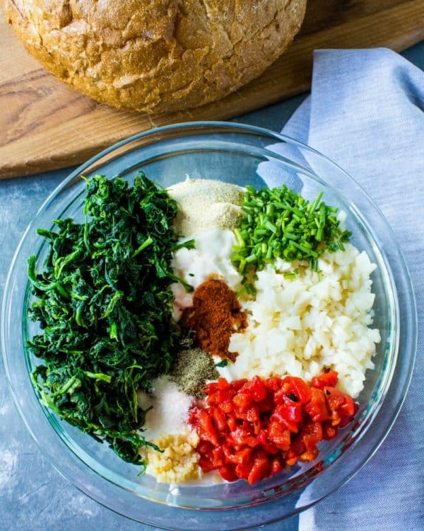 Ingredients for spinach dip ready for mixing.