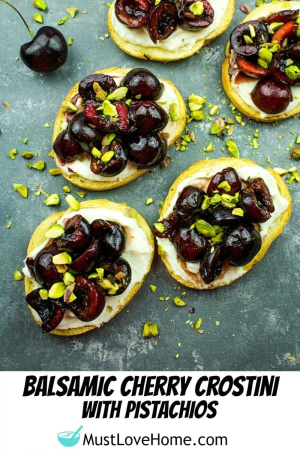 Cherry Pistachio Ricotta Crostini - Crisp toasts, cherries, sweetened ricotta and pitachios are layered to make these fabulous elegant party appetizers! 