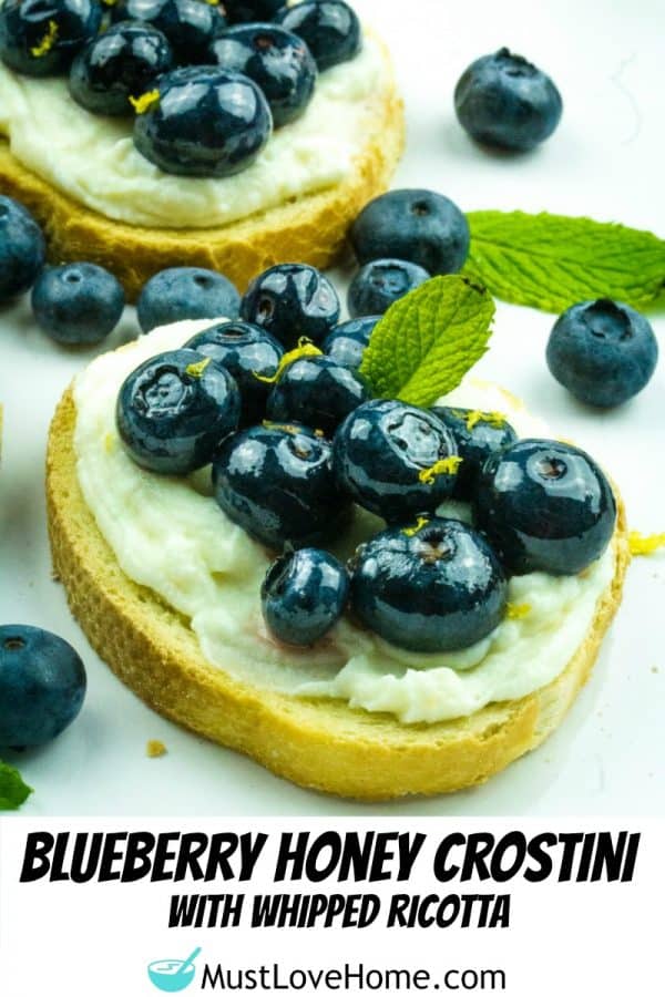 Blueberry Honey Whipped Ricotta Crostini -Blueberries, ricotta cheese and honey are paired to make this elegant perfect party appetizer!