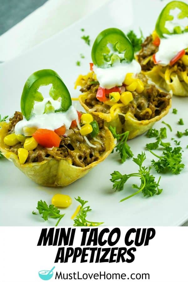 Tortilla taco cups are fun appetizers and a tasty twist on taco night. The layers of seasoned beef and melting cheese are heated in mini corn tortilla cups, then loaded with your favorite taco toppings! #mustlovehomecooking #tacorecipes #corntortilla #mexicanrecipes #appetizerrecipes