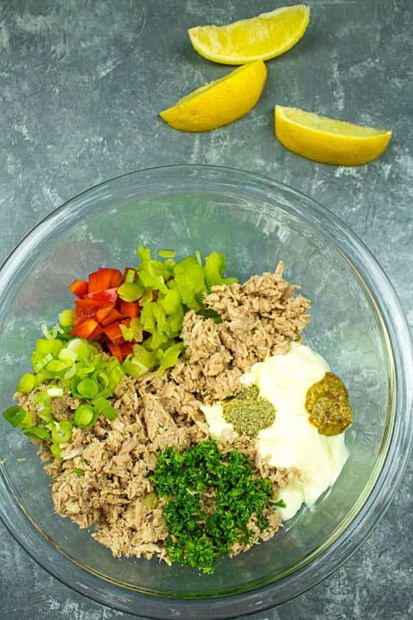 Tuna ingredients in glass mixing bowl