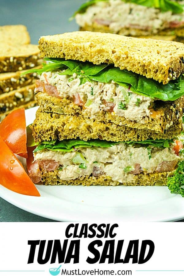 Loaded with tuna, crunchy sweet red pepper, green onions, celery, relish and seasonings, this tasty Classic Tuna Salad Recipe is great for a light meal or anytime snack! #mustlovehomecooking