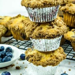 Big, Deli Style Blueberry Muffins. Struesel topped muffins that are easy to make!