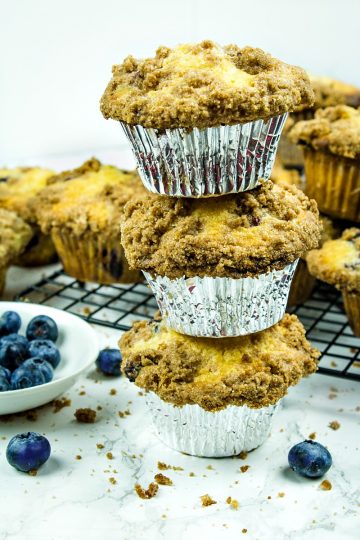 Big, Deli Style Blueberry Muffins. Struesel topped muffins that are easy to make!