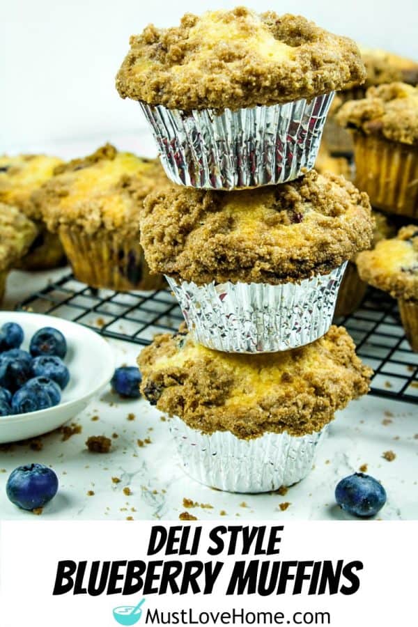 Big, Deli Style Blueberry Muffins. Streusel topped muffins that are easy to make!