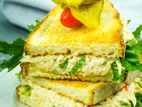 Best Ever Chicken Salad - Shredded chicken, red bell pepper, green onions, celery, nuts and seasonings make this classic salad a tasty anytime sandwich topping!