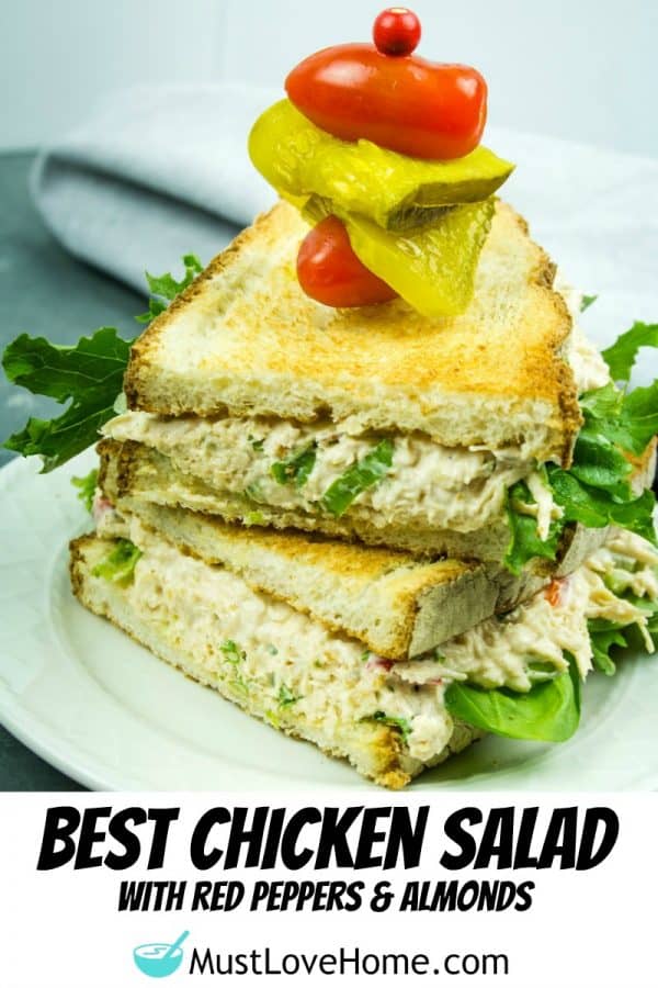 Best Ever Chicken Salad - Shredded chicken, red bell pepper, green onions, celery, nuts and seasonings make this classic salad a tasty anytime sandwich topping!