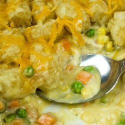 Full of chicken, vegetables and a creamy sauce that makes an irresistible family size Chicken Tater Tot Casserole freezer meal!