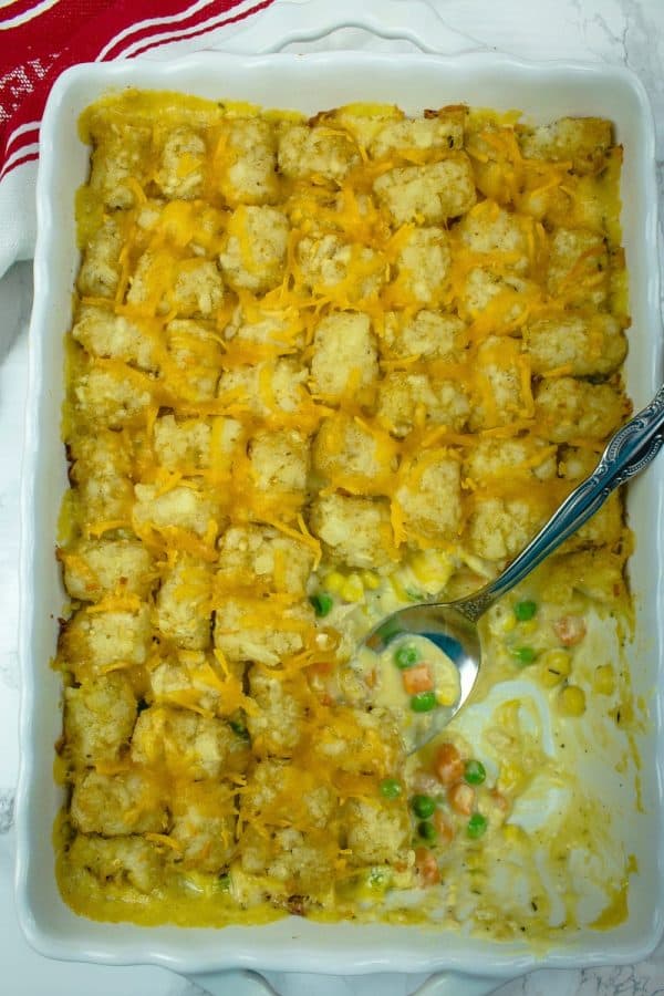 Full of chicken, vegetables and a creamy sauce that makes an irresistible family size Chicken Tater Tot Casserolefreezer meal!